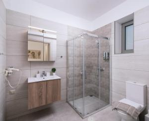 a bathroom with a shower with a toilet and a sink at Matala Prime Villas in Matala