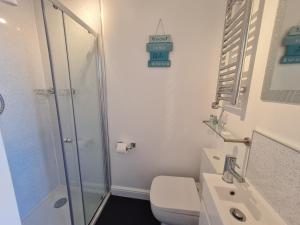 a bathroom with a shower and a toilet and a sink at Kimberley House in Whitby