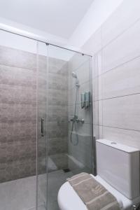 a bathroom with a glass shower with a toilet at Matala Prime Villas in Matala