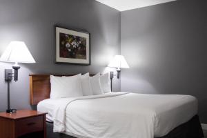 a hotel room with a large bed with two lamps at New Victorian Inn - Sioux City in Sioux City +33 photos