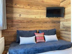 a blue couch with two pillows and a television on a wall at Appartement Avoriaz, 2 pièces, 4 personnes - FR-1-634-76 in Morzine