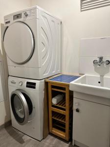 een badkamer met een wasmachine en een wastafel bij Magnifique Loft - Hyper Centre in Annemasse
