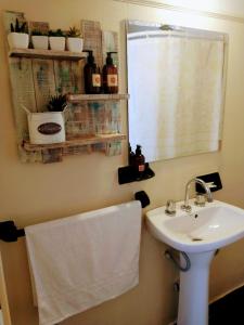 La salle de bains est pourvue d'un lavabo, d'un miroir et d'une serviette. dans l'établissement Casa Olivia, à Alta Gracia