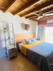 a bedroom with a bed with a ladder next to a window at LaIsla Holbox Villa in Holbox Island