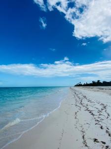 a beach with footprints in the sand and the ocean at LaIsla Holbox Villa in Holbox Island