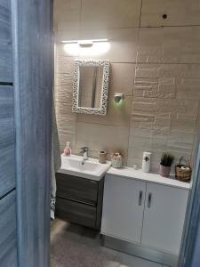 a bathroom with a sink and a mirror at Casa Potcoava in Târgu-Mureş