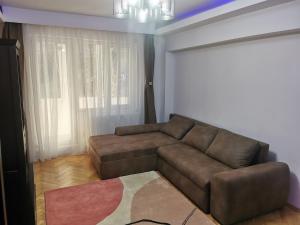 a living room with a brown couch and a rug at Casa Potcoava in Târgu-Mureş