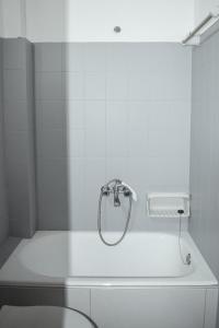 a shower in a bathroom with a white wall at Ελαία Apartments in Edipsos +37 photos