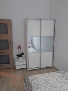 um quarto com uma grande divisória de vidro e uma cama em Apartament nad Jeziorem Olecko em Olecko
