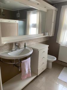 a bathroom with a sink and a toilet and a mirror at Apartamento Manfroi in Bento Gonçalves