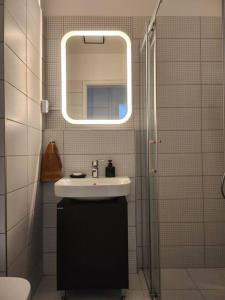 uma casa de banho com um lavatório e um espelho em Alice Central Apartment em Budapeste