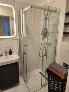 uma casa de banho com um chuveiro e um lavatório. em Alice Central Apartment em Budapeste