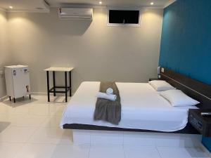 a bedroom with a bed with white sheets and a tv at HOTEL E POUSADA ISIS in São Pedro