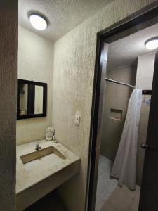 y baño con lavabo y ducha. en Hotel 1988 Guanajuato, en Guanajuato