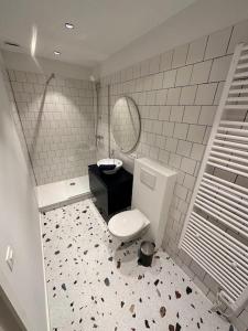 La salle de bains est pourvue de toilettes et d'un miroir. dans l'établissement Appartement lumineux hyper centre, à Liège