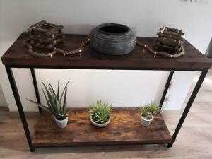 a wooden table with a tire and plants on it at Le splend'id disneyland in Chessy