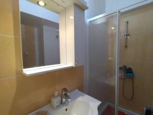 a bathroom with a sink and a shower with a mirror at Ljubica in Brzeće