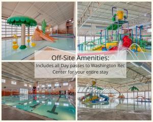 un collage de cuatro fotos de un parque acuático en Escondido 1231 Red Rock Retreat at Escondido Fire Pit, Nintendo Switch, and Ping Pong Table!, en Washington