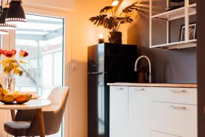 Il comprend une cuisine équipée d'un réfrigérateur noir et d'une table. dans l'établissement Stay at Smilla - Boutique Apartments mit Küche - Parken - Klima - Netflix - Waschmaschine, à Wiesbaden