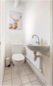 La salle de bains blanche est pourvue de toilettes et d'un lavabo. dans l'établissement SUITE ELISE Passy, à Paris