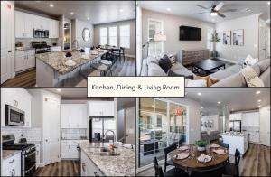un collage de tres fotos de una cocina y una sala de estar en Escondido 2343 & 2355 Retreat Connected homes with 10 Bedrooms, sleeps 40, and endless amenities!, en Washington