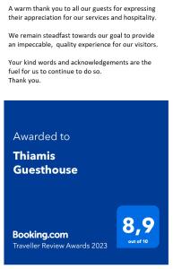 Certifikát, ocenenie alebo iný dokument vystavený v ubytovaní Thiamis Guesthouse