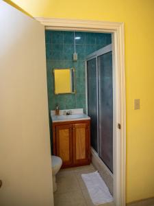 a bathroom with a toilet and a sink and a shower at La Cascada Stays in San Ignacio