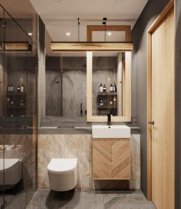 een badkamer met een toilet, een wastafel en een douche bij Apartamenty Skrzyczne in Szczyrk