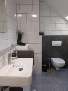 uma casa de banho com um lavatório e um WC em Rooftop Apartmens Ulm - komfortable neue Gemeinschaftsunterkunft im Herzen von Ulm - Raum 2 em Ulm