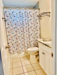 a bathroom with a toilet and a shower curtain at Cheerful home with two Bedrooms in Cape Coral