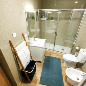 a bathroom with a shower and a toilet and a sink at Herama Garden Guesthouse in Vila Nova de Gaia