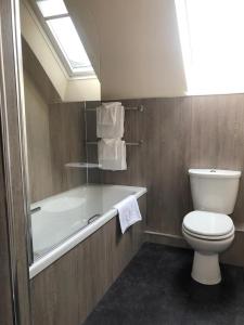 a bathroom with a toilet and a bath tub at Manyleith Rig Cottage in Polmood