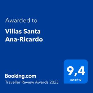 Palkinto, sertifikaatti, kyltti tai muu asiakirja, joka on esillä majoituspaikassa Villas Santa Ana-Ricardo