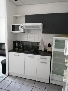 a kitchen with white cabinets and a sink and a microwave at 2 appartements au choix centre ville de Souillac entre Sarlat et Rocamadour in Souillac