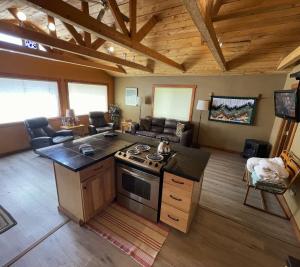 cocina y sala de estar con fogones en Stay Twin Lakes Cottage, en Twin Lakes