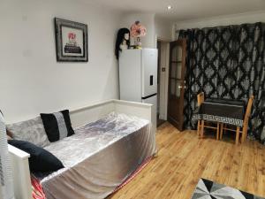 a living room with a bed and a refrigerator at GRAVESEND - BEAUTIFUL Studio in Kent