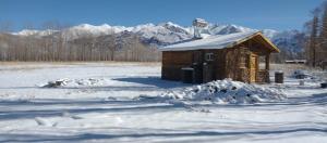 a small wooden cabin in a snow covered field at FINCA LA PAZ in Uspallata