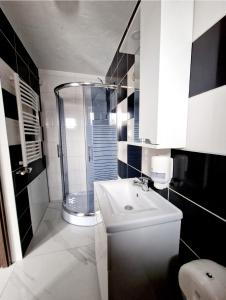 y baño con ducha, lavabo y aseo. en KALIDA B&B Rooms for rent en Raseiniai