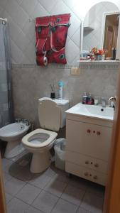 y baño con aseo, lavabo y espejo. en Casa amueblada en Cipolletti Rio Negro en Cipolletti