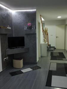 a lobby with a television and a hallway with rugs at Apartman Raj in Vrnjačka Banja