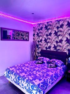 ein Schlafzimmer mit einem Bett mit violettem Licht in der Unterkunft Luxury Dreams Balneo in Le Cannet