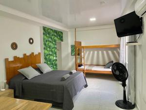 a bedroom with a bed and a flat screen tv at Alojamientos Neca in San Andrés