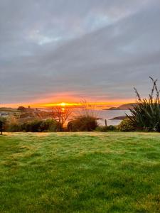 a sunset over a field of grass with the sun in the distance at Ballydorn Stay in Killinchy