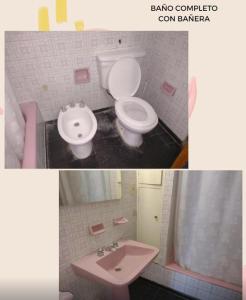 two pictures of a bathroom with a toilet and a sink at Quinta House in Mendoza