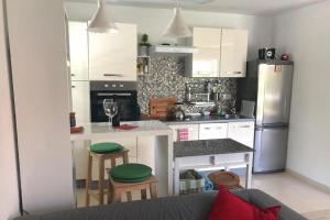 eine kleine Küche mit einer Theke und einem Kühlschrank in der Unterkunft Holiday house with a parking space Fuzine, Gorski kotar - 20330 in Fužine