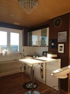 a kitchen with a white counter and two windows at Gemütliche, helle Wohnung im Luftkurort Dansenberg in Kaiserslautern