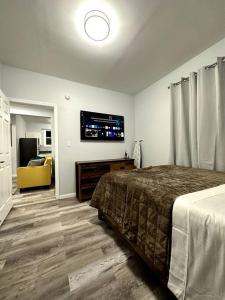 um quarto com uma cama e uma televisão de ecrã plano em Newly 5 Star 3 Beds 1 Bath ideal Short term rental em Schenectady