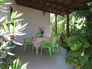 a patio with a table and chairs and plants at Nikos 5 in Kakóvatos