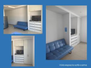 2 fotos de una sala de estar con sofá azul en Apartaestudio Velas al Mar Santa Marta, en Gaira