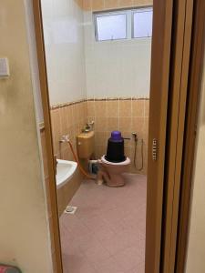 a bathroom with a toilet with a blue hat on it at Banglo Semi D Villa D Doa Maju in Kuala Terengganu